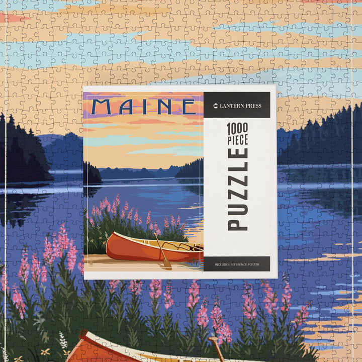 Maine, Canoe and Lake, Jigsaw Puzzle Puzzle Lantern Press 