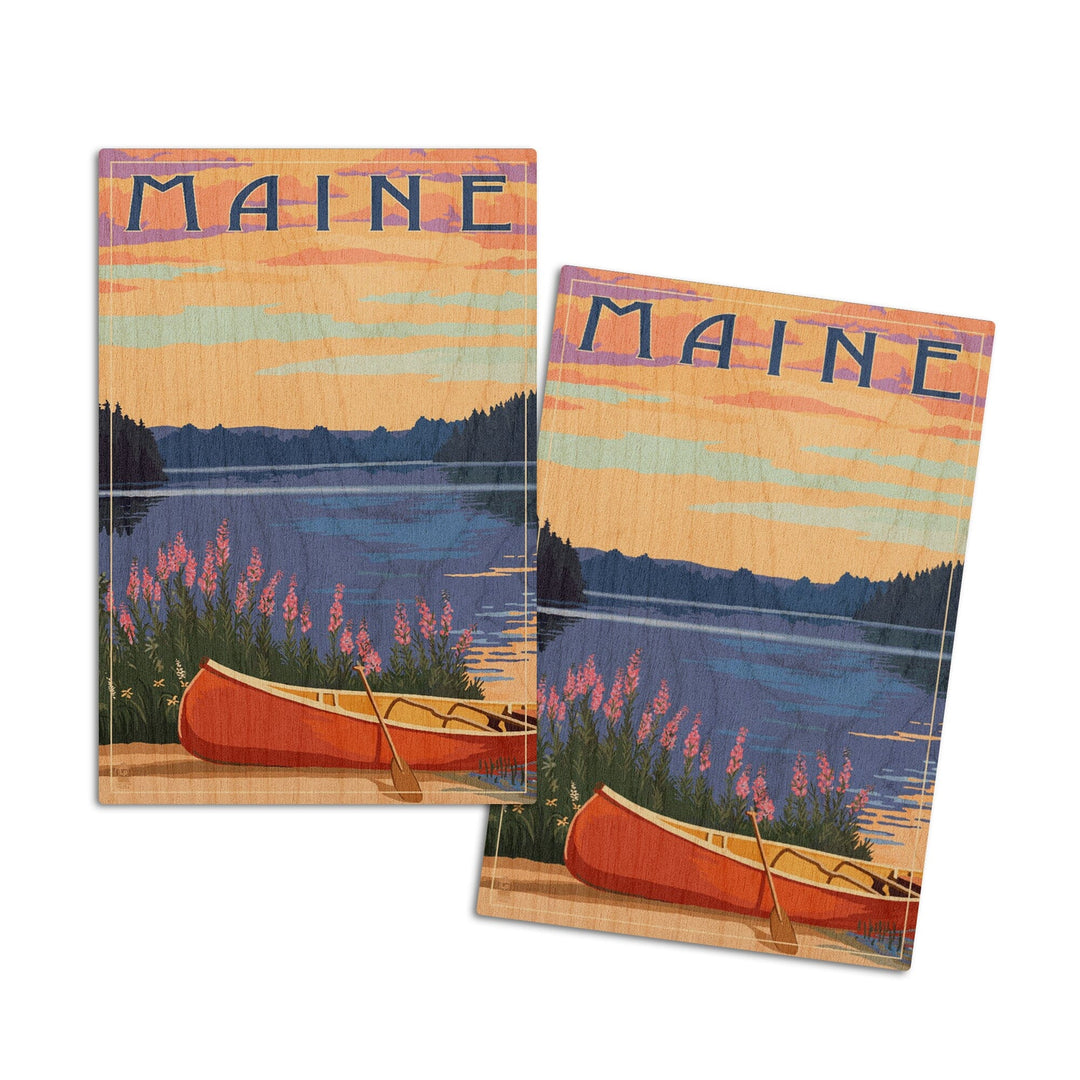 Maine, Canoe & Lake, Lantern Press Artwork, Wood Signs and Postcards Wood Lantern Press 4x6 Wood Postcard Set 