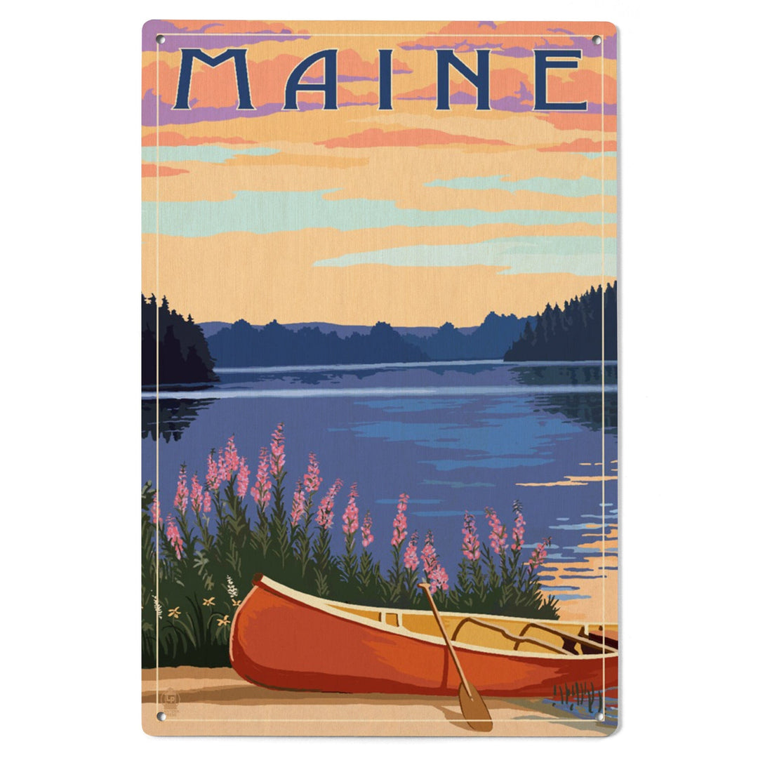 Maine, Canoe & Lake, Lantern Press Artwork, Wood Signs and Postcards Wood Lantern Press 