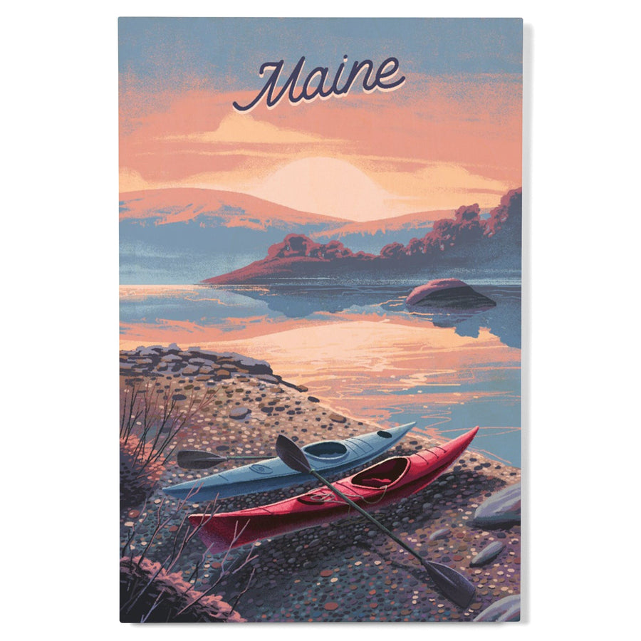 Maine, Glassy Sunrise, Kayak, Wood Signs and Postcards Wood Lantern Press 