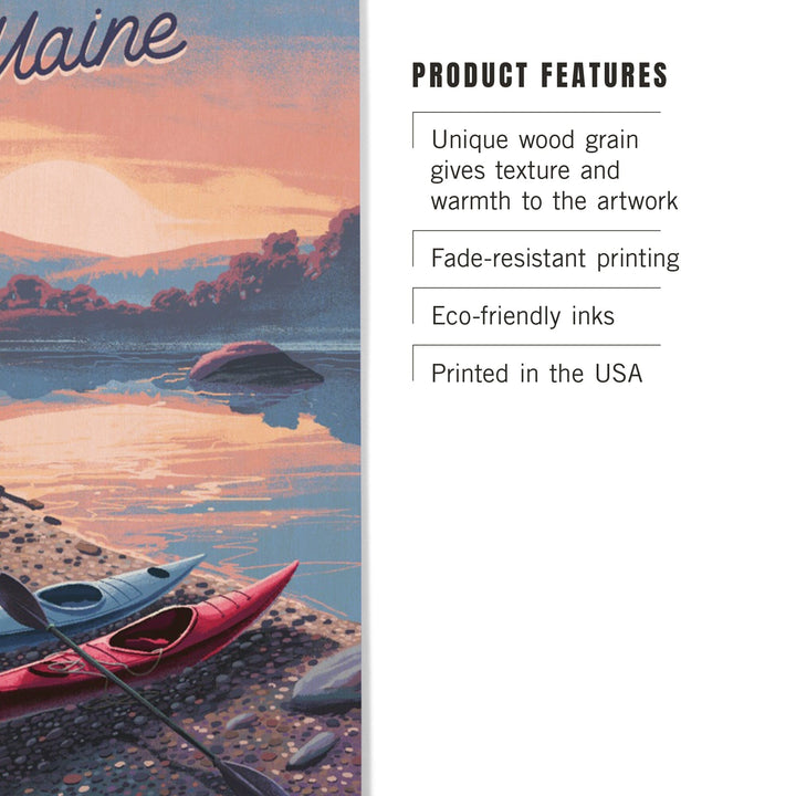 Maine, Glassy Sunrise, Kayak, Wood Signs and Postcards Wood Lantern Press 