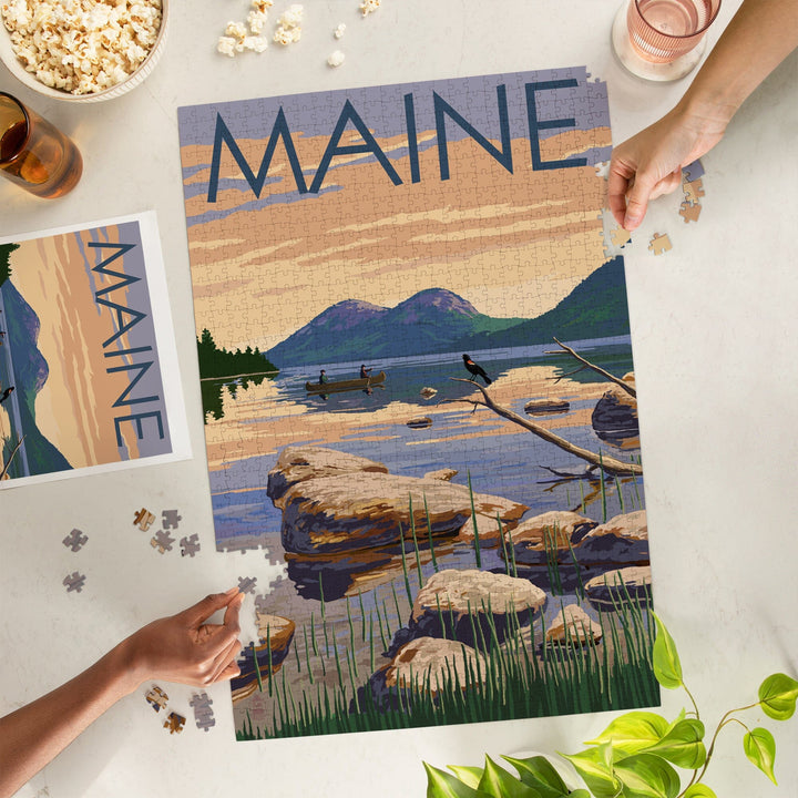 Maine, Lake Scene and Canoe, Jigsaw Puzzle Puzzle Lantern Press 