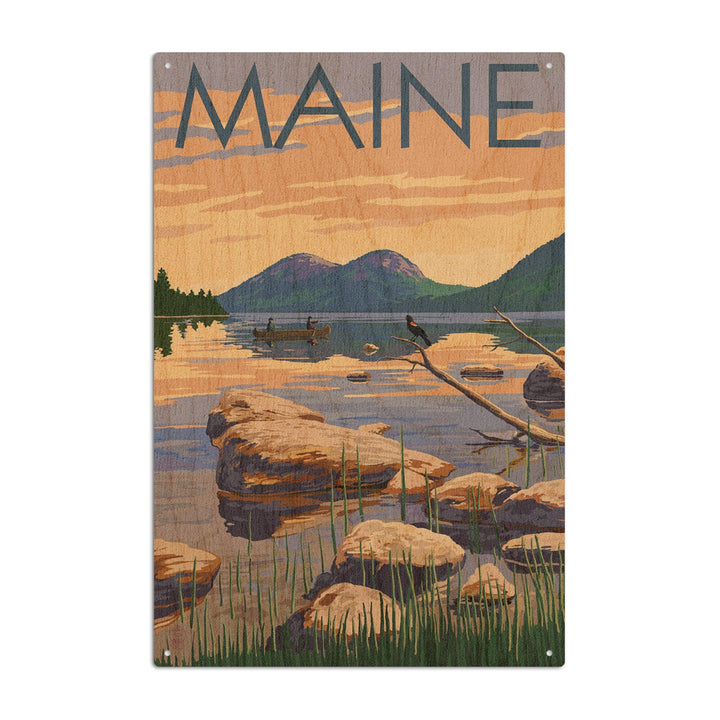 Maine, Lake Scene and Canoe, Lantern Press Artwork, Wood Signs and Postcards Wood Lantern Press 10 x 15 Wood Sign 