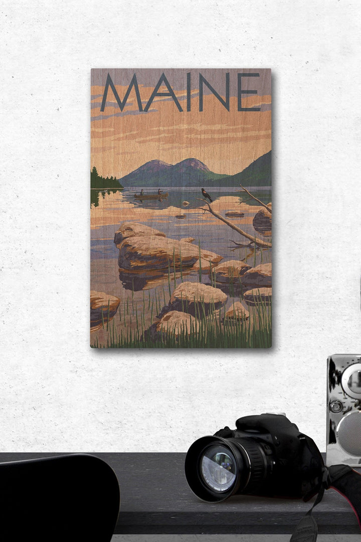 Maine, Lake Scene and Canoe, Lantern Press Artwork, Wood Signs and Postcards Wood Lantern Press 12 x 18 Wood Gallery Print 