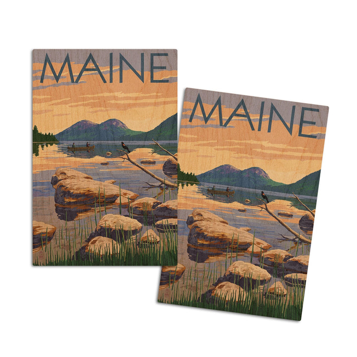 Maine, Lake Scene and Canoe, Lantern Press Artwork, Wood Signs and Postcards Wood Lantern Press 4x6 Wood Postcard Set 
