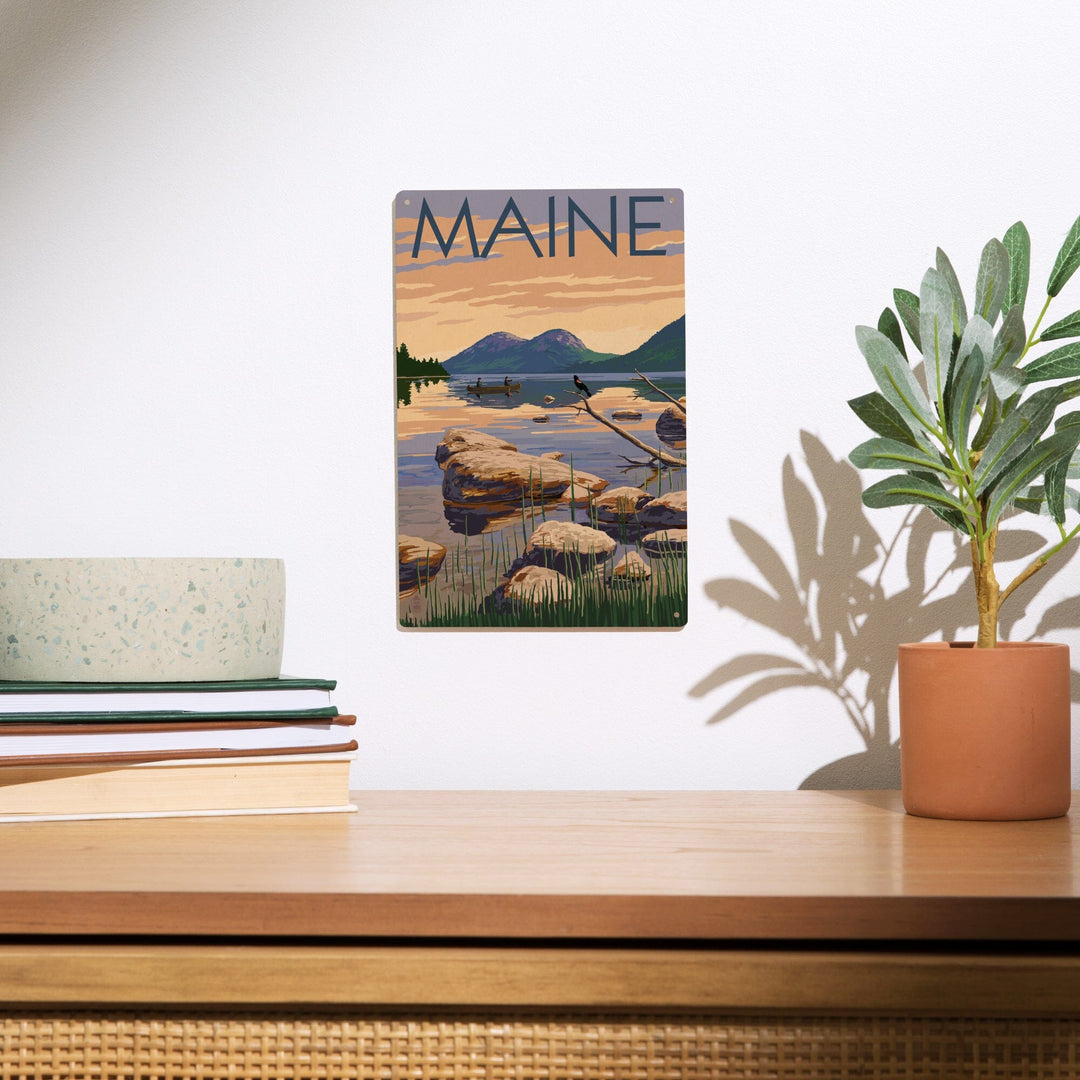 Maine, Lake Scene and Canoe, Lantern Press Artwork, Wood Signs and Postcards Wood Lantern Press 