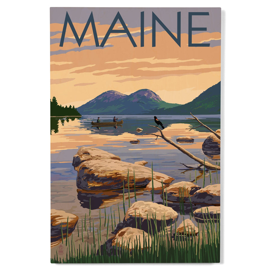 Maine, Lake Scene and Canoe, Lantern Press Artwork, Wood Signs and Postcards Wood Lantern Press 