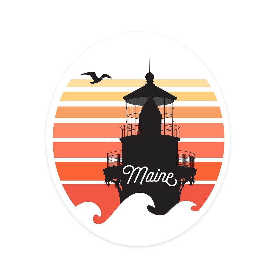 Maine, Lighthouse, Beach Sunset with Silhouette, Contour, Vinyl Sticker - Lantern Press