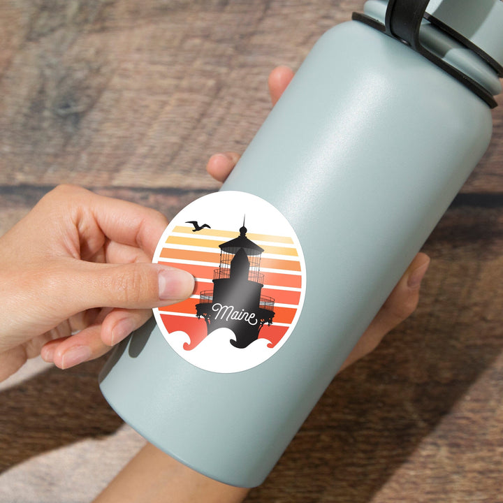 Maine, Lighthouse, Beach Sunset with Silhouette, Contour, Vinyl Sticker - Lantern Press