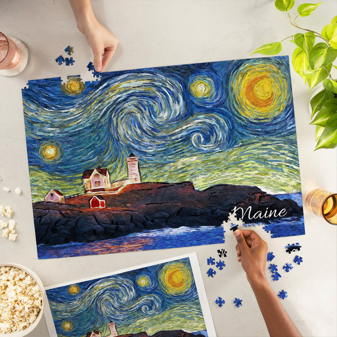 Maine, Lighthouse, Starry Night, Jigsaw Puzzle Puzzle Lantern Press 