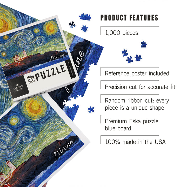 Maine, Lighthouse, Starry Night, Jigsaw Puzzle Puzzle Lantern Press 