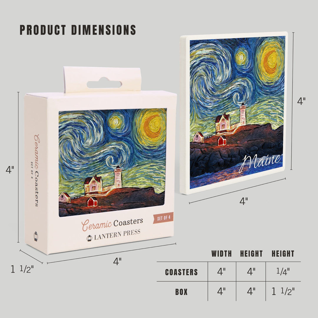 Maine, Lighthouse, Starry Night, Lantern Press Artwork, Coaster Set - Lantern Press