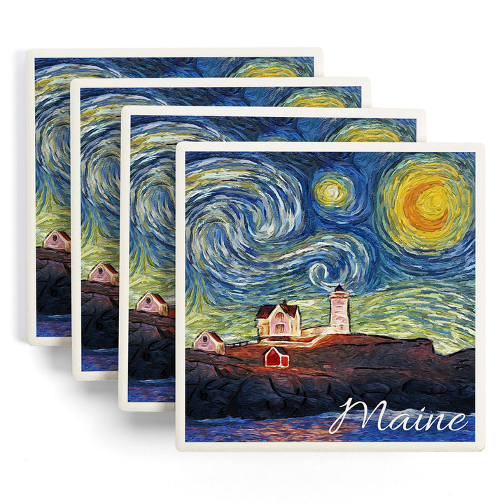 Maine, Lighthouse, Starry Night, Lantern Press Artwork, Coaster Set - Lantern Press