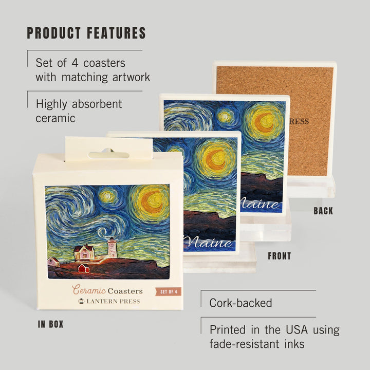 Maine, Lighthouse, Starry Night, Lantern Press Artwork, Coaster Set - Lantern Press