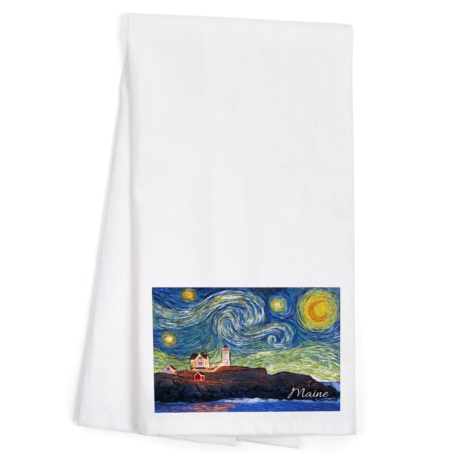 Maine, Lighthouse, Starry Night, Organic Cotton Kitchen Tea Towels Kitchen Lantern Press 