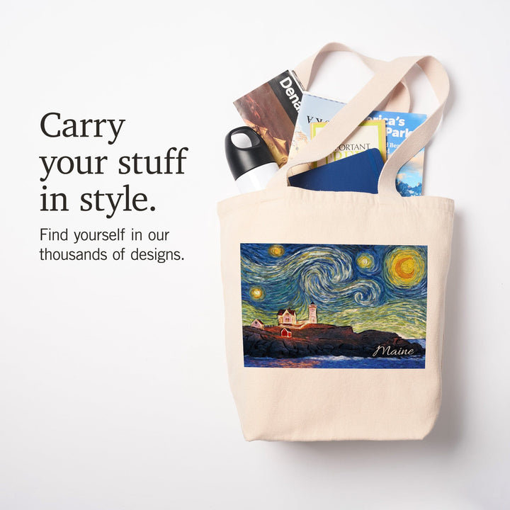 Maine, Lighthouse, Starry Night, Tote Bag Totes Lantern Press 