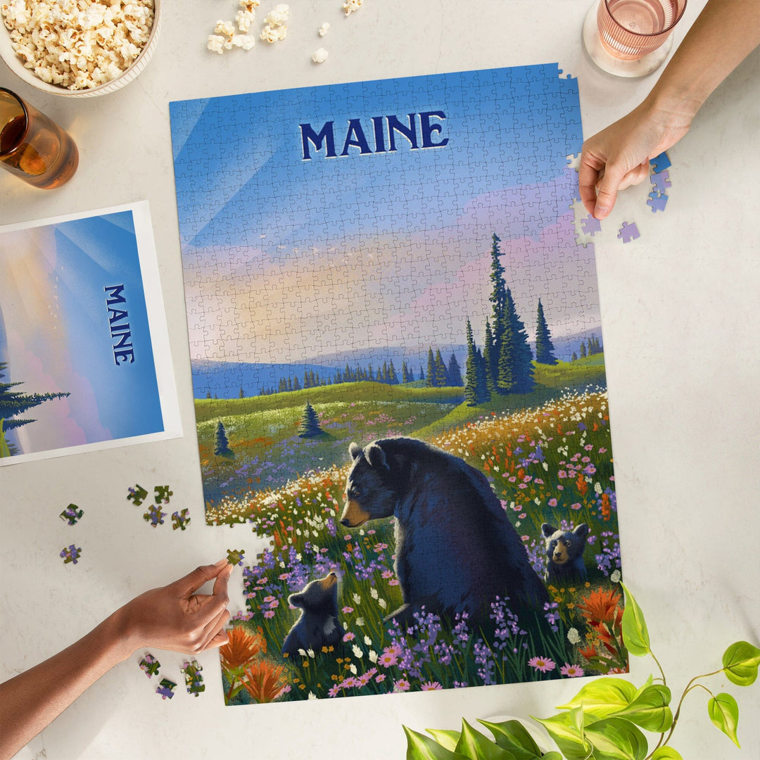 Maine, Lithograph, Bear Family in Field, Jigsaw Puzzle Puzzle Lantern Press 