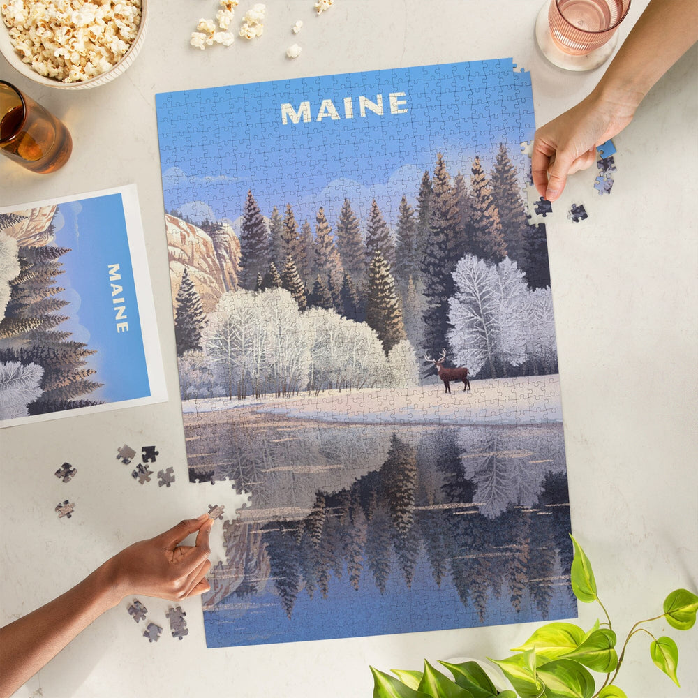 Maine, Lithograph, Lone Deer By Snowy Lake, Jigsaw Puzzle Puzzle Lantern Press 