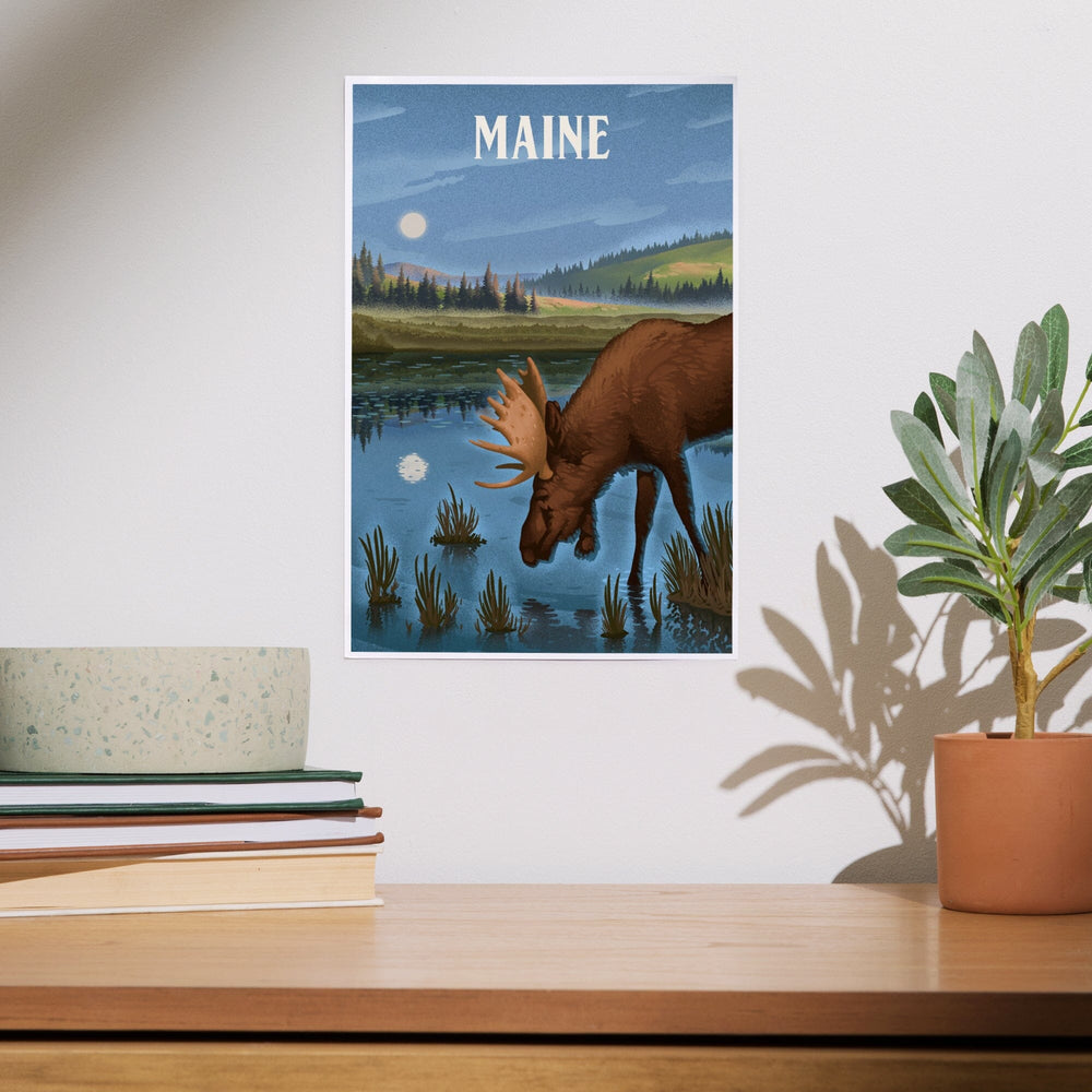 Maine, Lithograph, Reflection Pond and Bull Moose, Art & Giclee Prints Art Lantern Press 