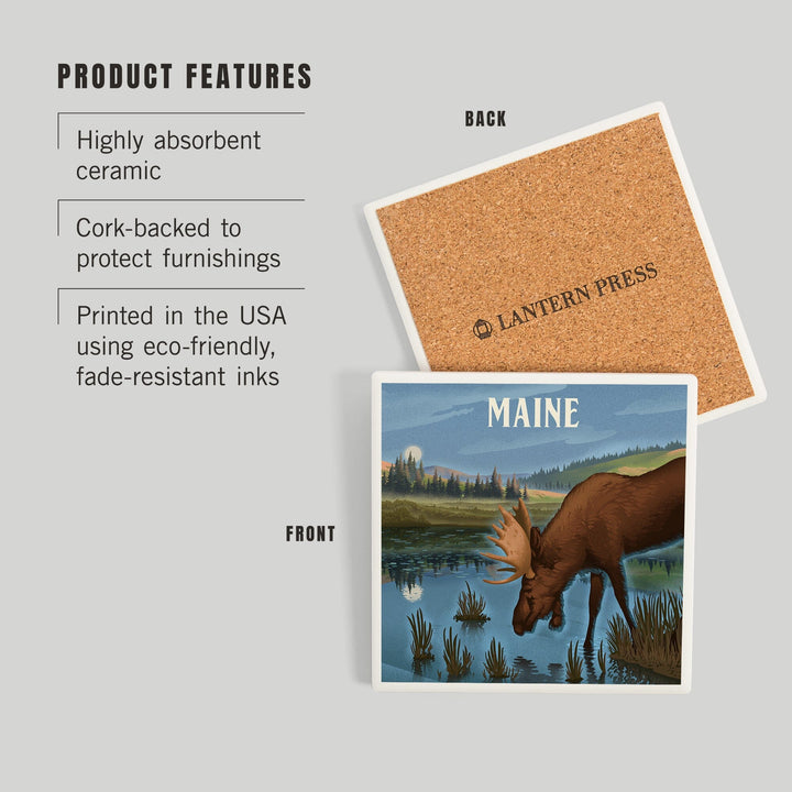 Maine, Lithograph, Reflection Pond and Bull Moose, Coasters Coasters Lantern Press 