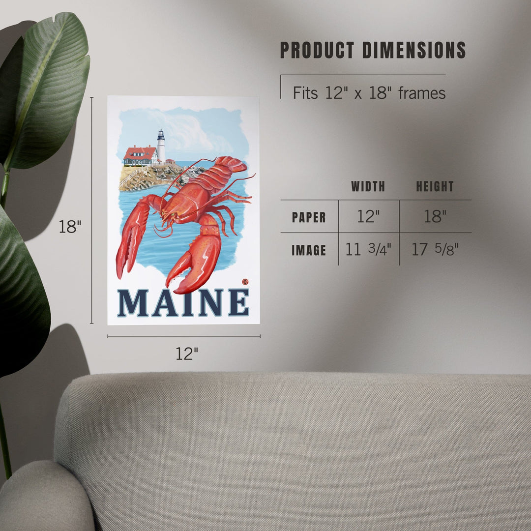 Maine, Lobster and Portland Lighthouse, Art & Giclee Prints Art Lantern Press 