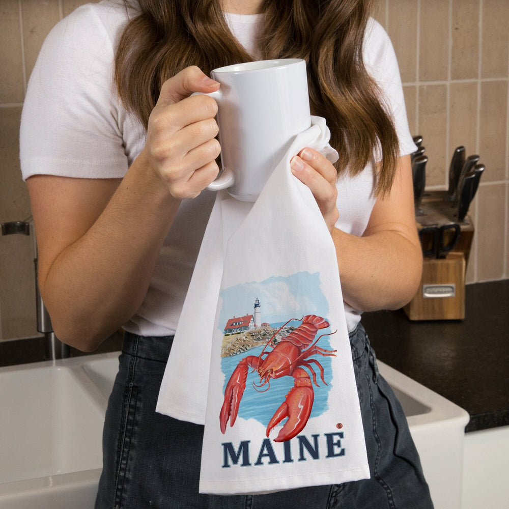 Maine, Lobster and Portland Lighthouse, Organic Cotton Kitchen Tea Towels Kitchen Lantern Press 