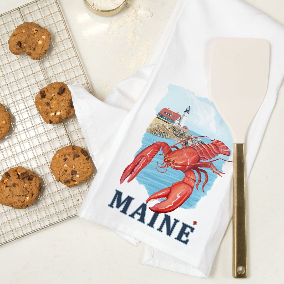 Maine, Lobster and Portland Lighthouse, Organic Cotton Kitchen Tea Towels Kitchen Lantern Press 