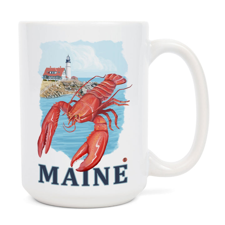 Maine, Lobster & Portland Lighthouse, Lantern Press Artwork, Ceramic Mug Mugs Lantern Press 