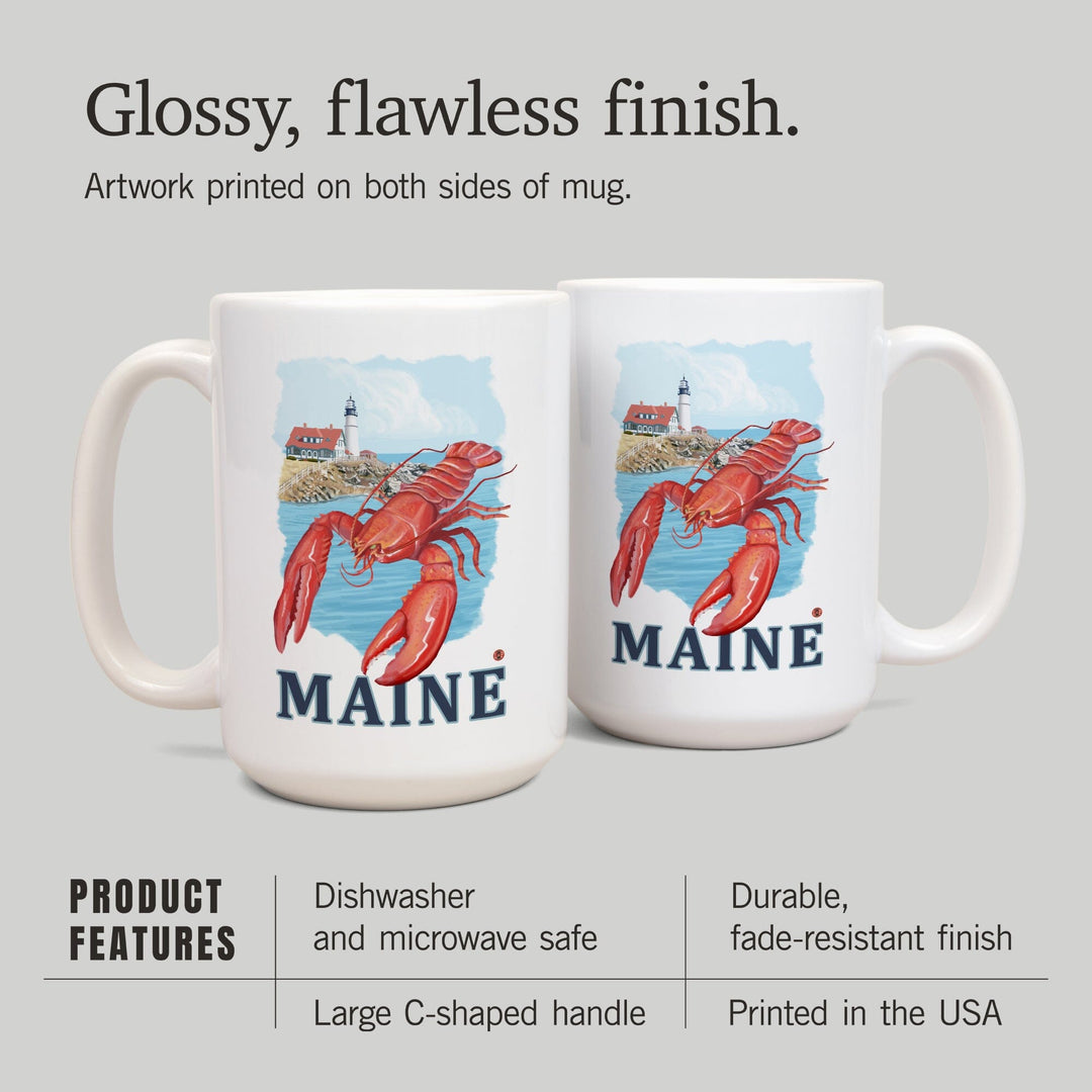 Maine, Lobster & Portland Lighthouse, Lantern Press Artwork, Ceramic Mug Mugs Lantern Press 