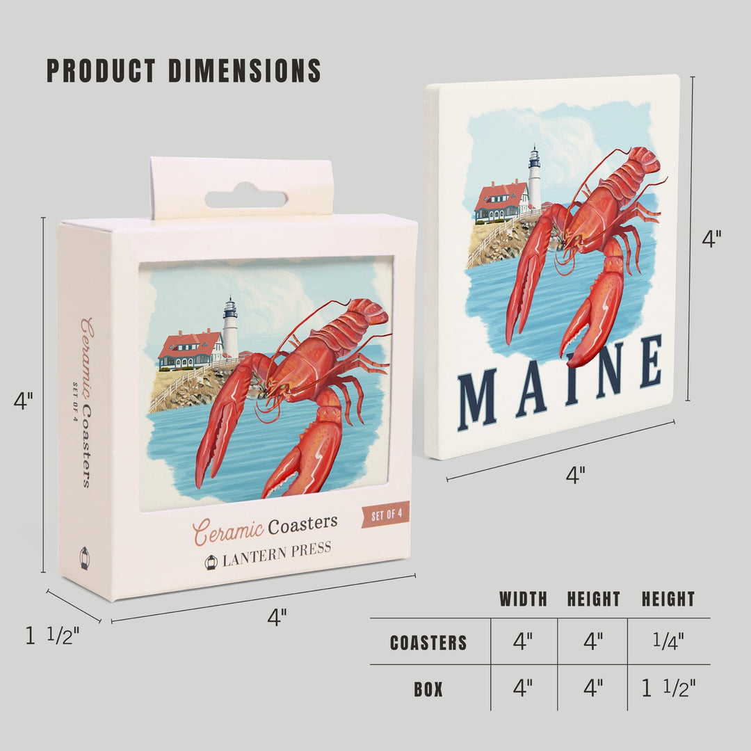 Maine, Lobster & Portland Lighthouse, Lantern Press Artwork, Coaster Set - Lantern Press