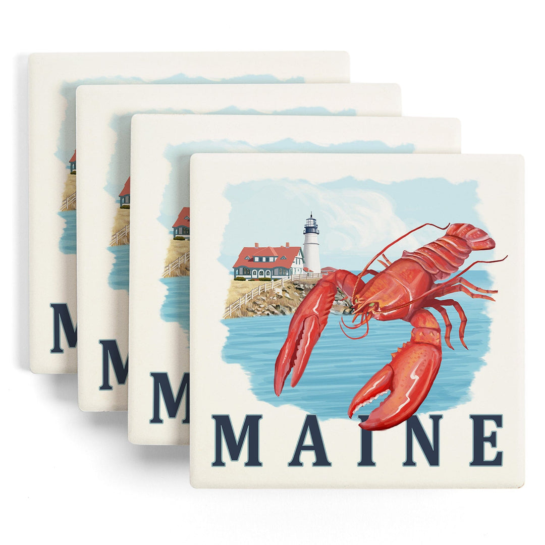 Maine, Lobster & Portland Lighthouse, Lantern Press Artwork, Coaster Set - Lantern Press