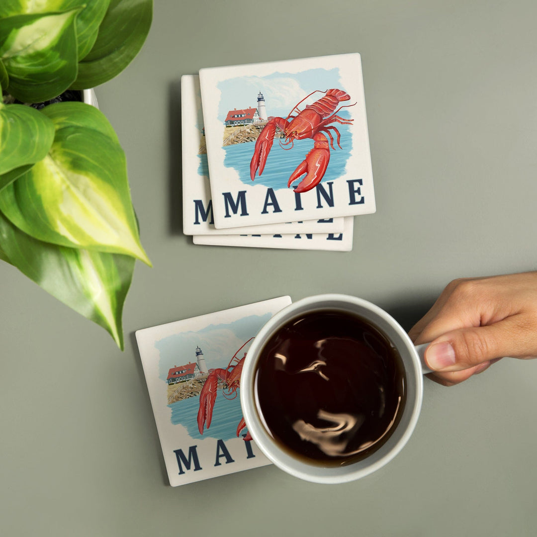 Maine, Lobster & Portland Lighthouse, Lantern Press Artwork, Coaster Set - Lantern Press