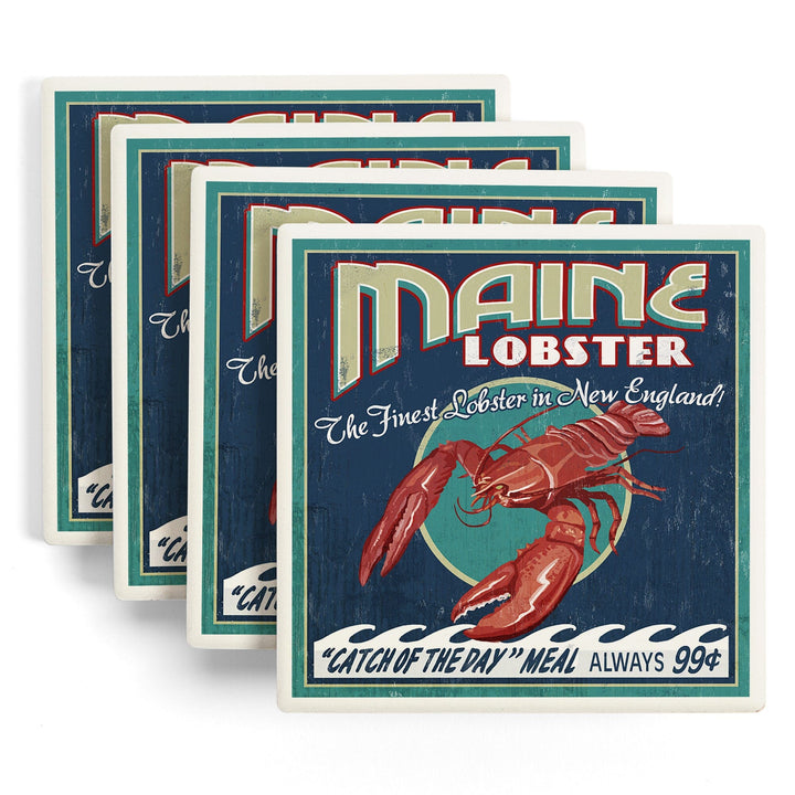Maine, Lobster, Vintage Sign, Coasters Coasters Lantern Press 