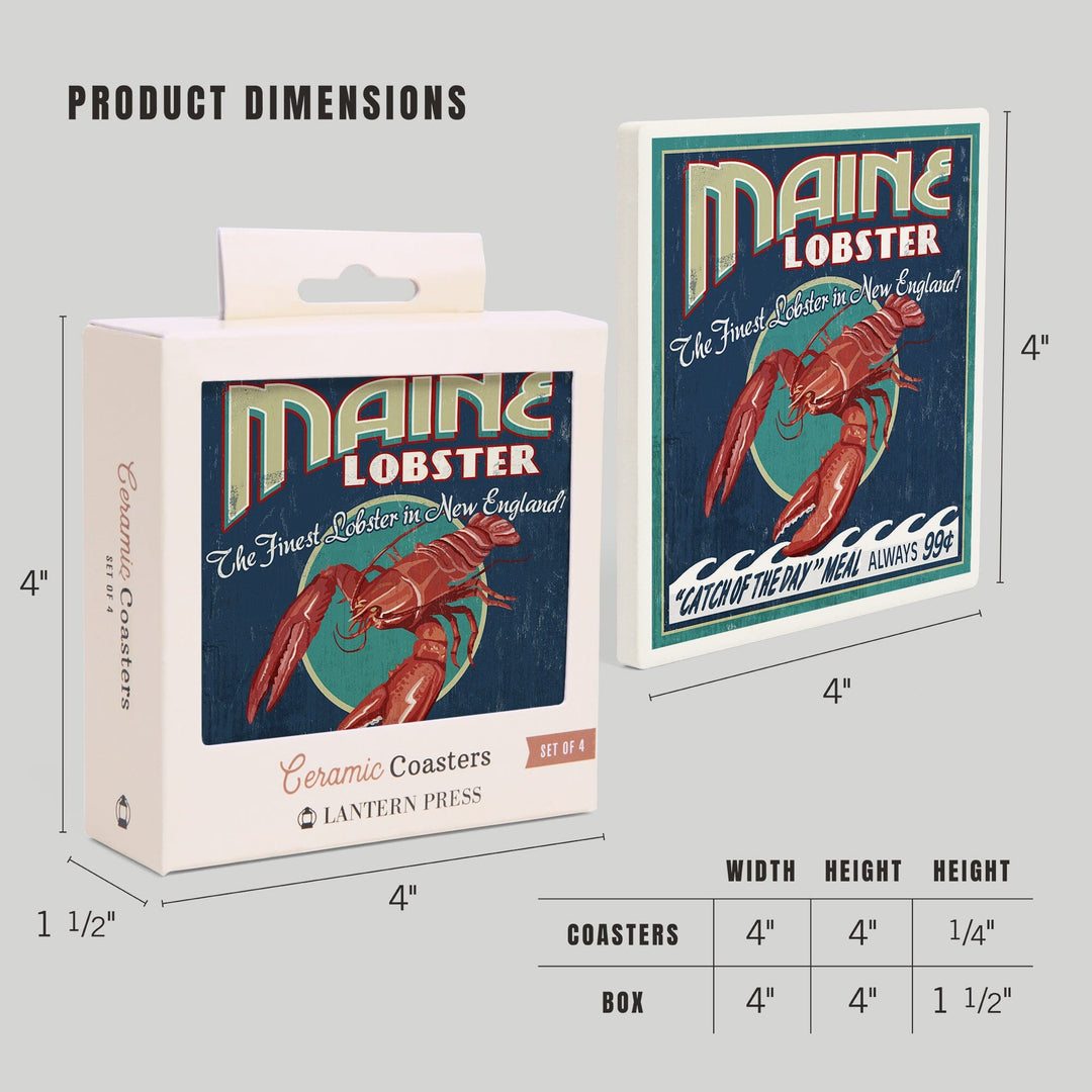 Maine, Lobster, Vintage Sign, Coasters Coasters Lantern Press 