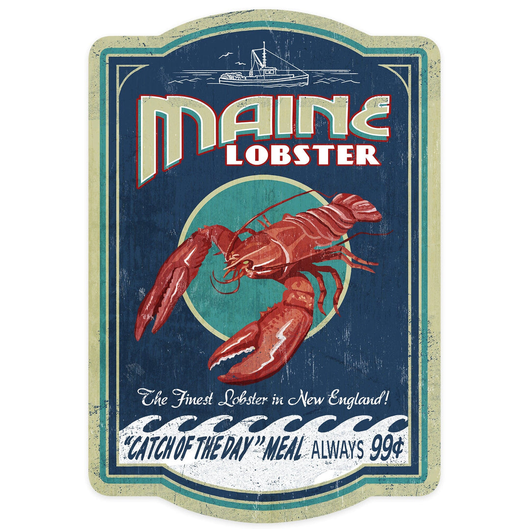 Maine, Lobster Vintage Sign, Contour, Vinyl Sticker Sticker Lantern Press 