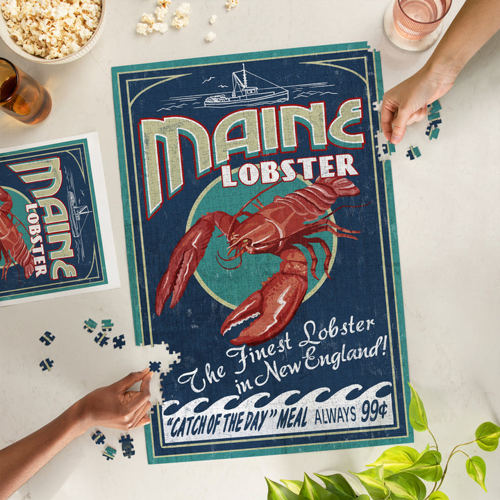Maine, Lobster, Vintage Sign, Jigsaw Puzzle Puzzle Lantern Press 