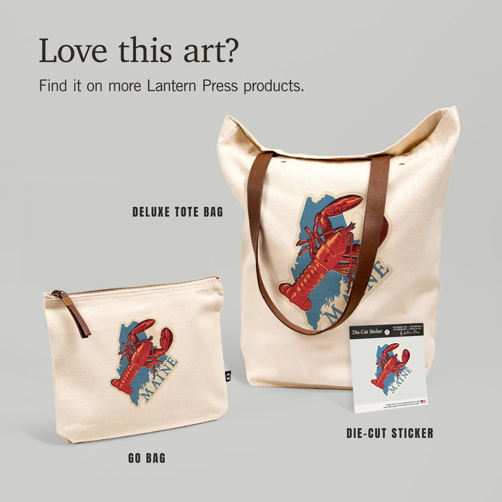 Maine, Lobster Woodblock, Contour, Lantern Press Artwork, Accessory Go Bag Totes Lantern Press 
