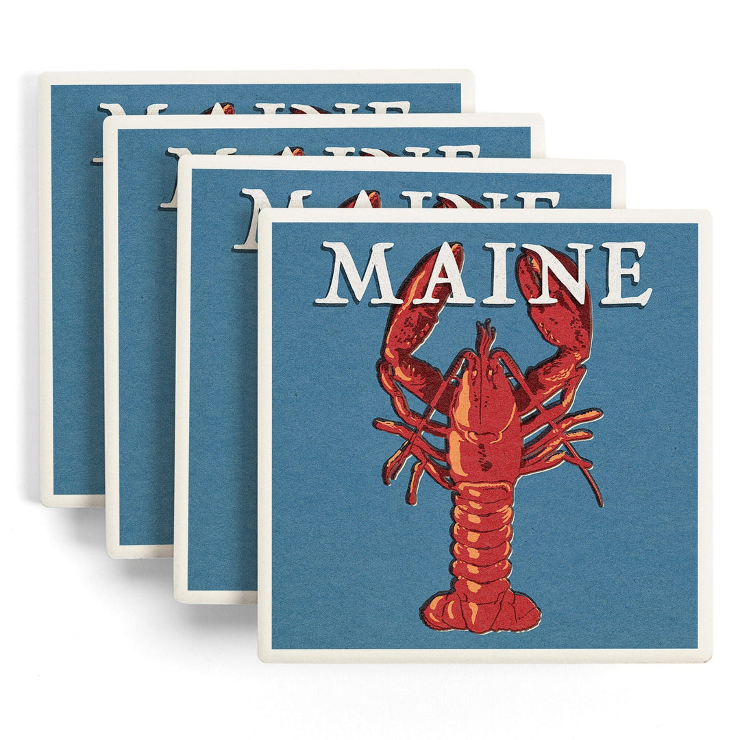 Maine, Lobster Woodblock, Lantern Press Artwork, Coaster Set - Lantern Press