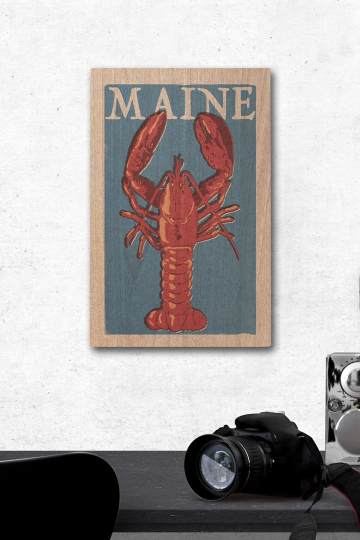 Maine, Lobster Woodblock, Lantern Press Artwork, Wood Signs and Postcards Wood Lantern Press 12 x 18 Wood Gallery Print 