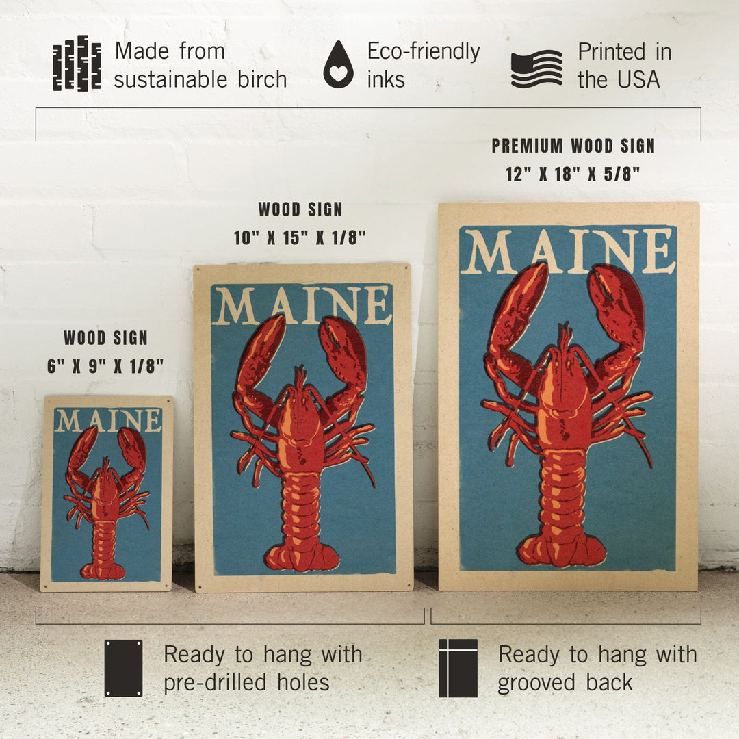 Maine, Lobster Woodblock, Lantern Press Artwork, Wood Signs and Postcards Wood Lantern Press 