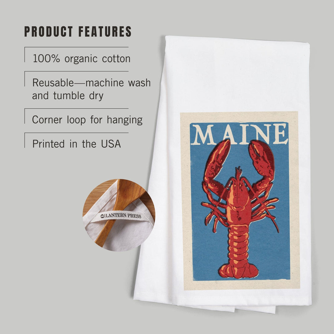 Maine, Lobster Woodblock, Organic Cotton Kitchen Tea Towels Kitchen Lantern Press 
