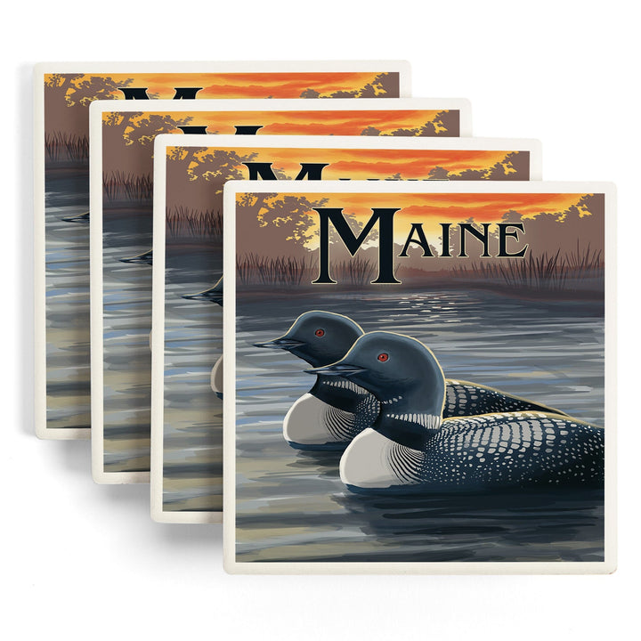 Maine, Loon Family, Lantern Press Artwork, Coaster Set - Lantern Press