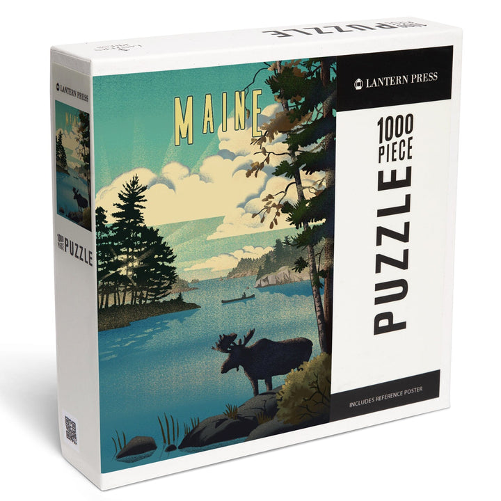 Maine, Moose and Lake, Lithograph, Jigsaw Puzzle - Lantern Press