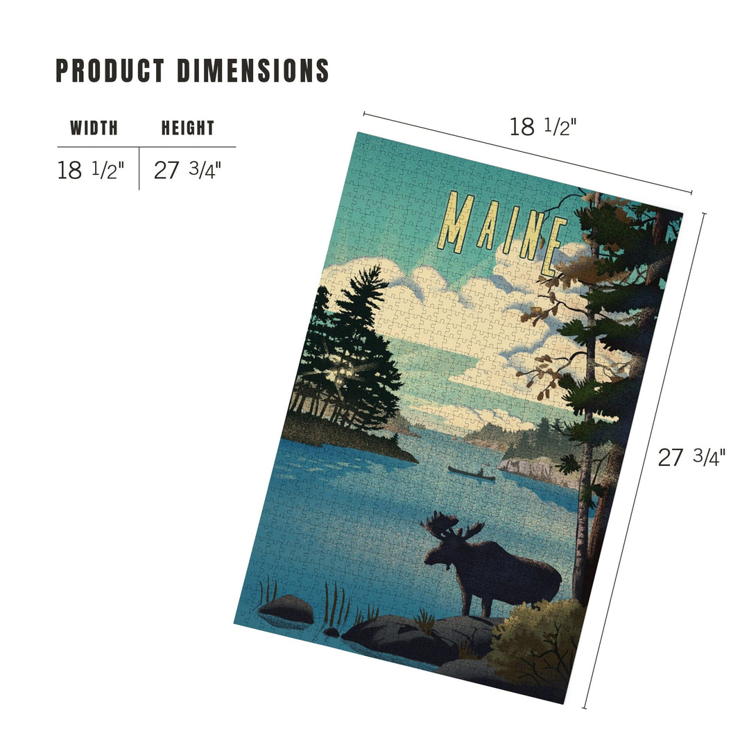 Maine, Moose and Lake, Lithograph, Jigsaw Puzzle - Lantern Press