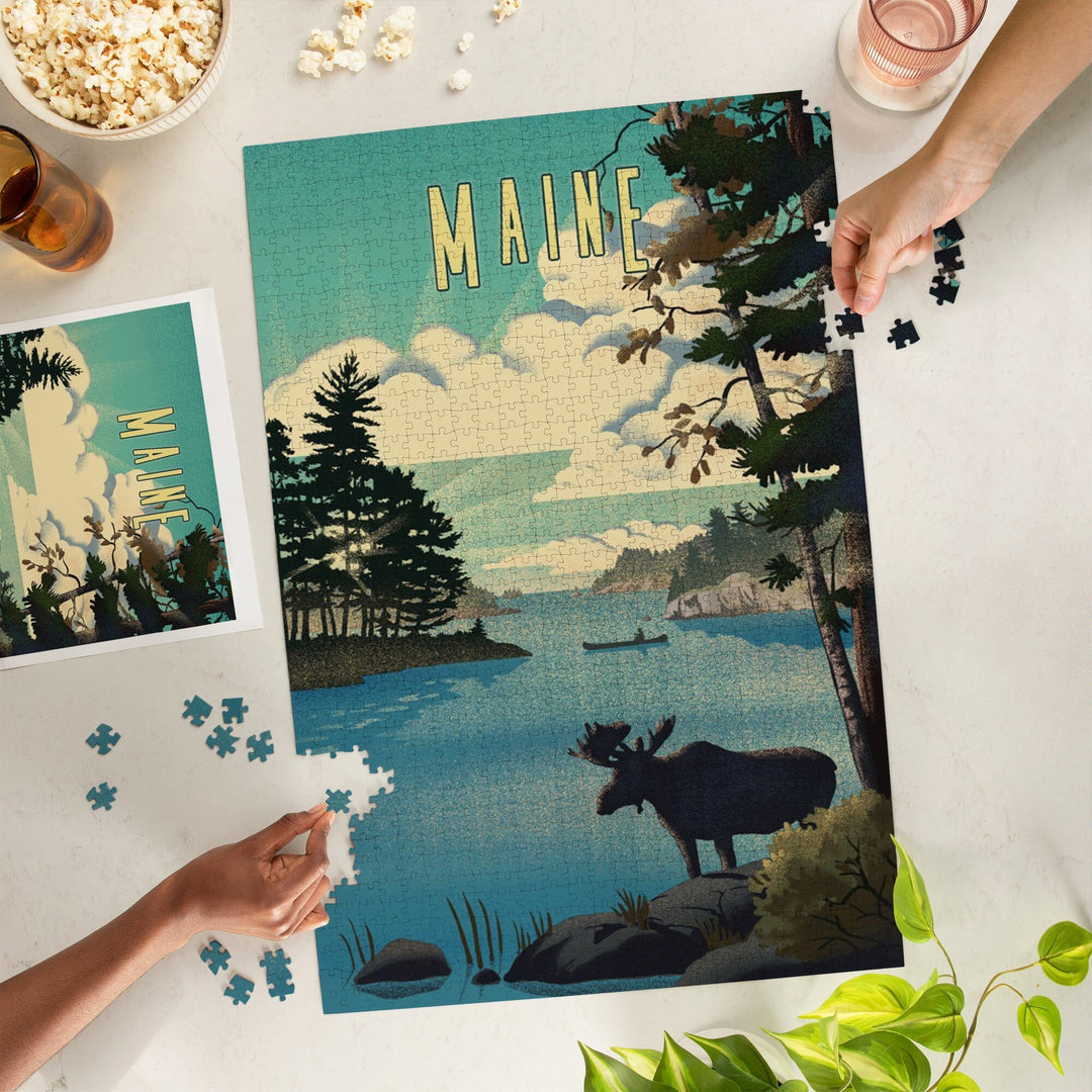 Maine, Moose and Lake, Lithograph, Jigsaw Puzzle - Lantern Press