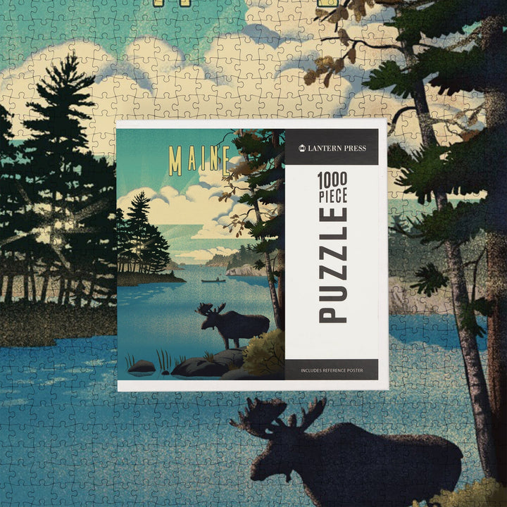 Maine, Moose and Lake, Lithograph, Jigsaw Puzzle - Lantern Press