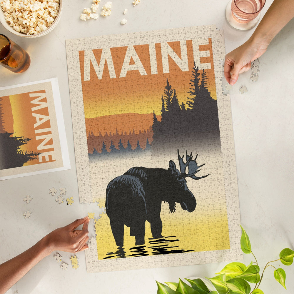 Maine, Moose at Dawn, Woodblock, Jigsaw Puzzle Puzzle Lantern Press 