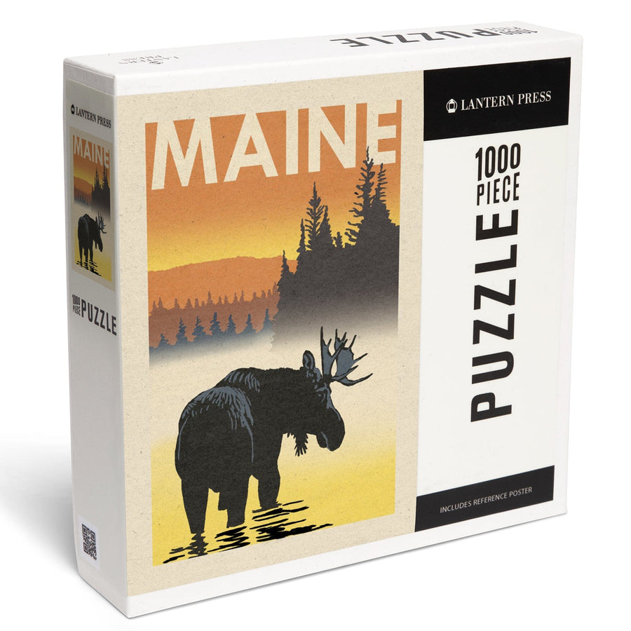 Maine, Moose at Dawn, Woodblock, Jigsaw Puzzle Puzzle Lantern Press 