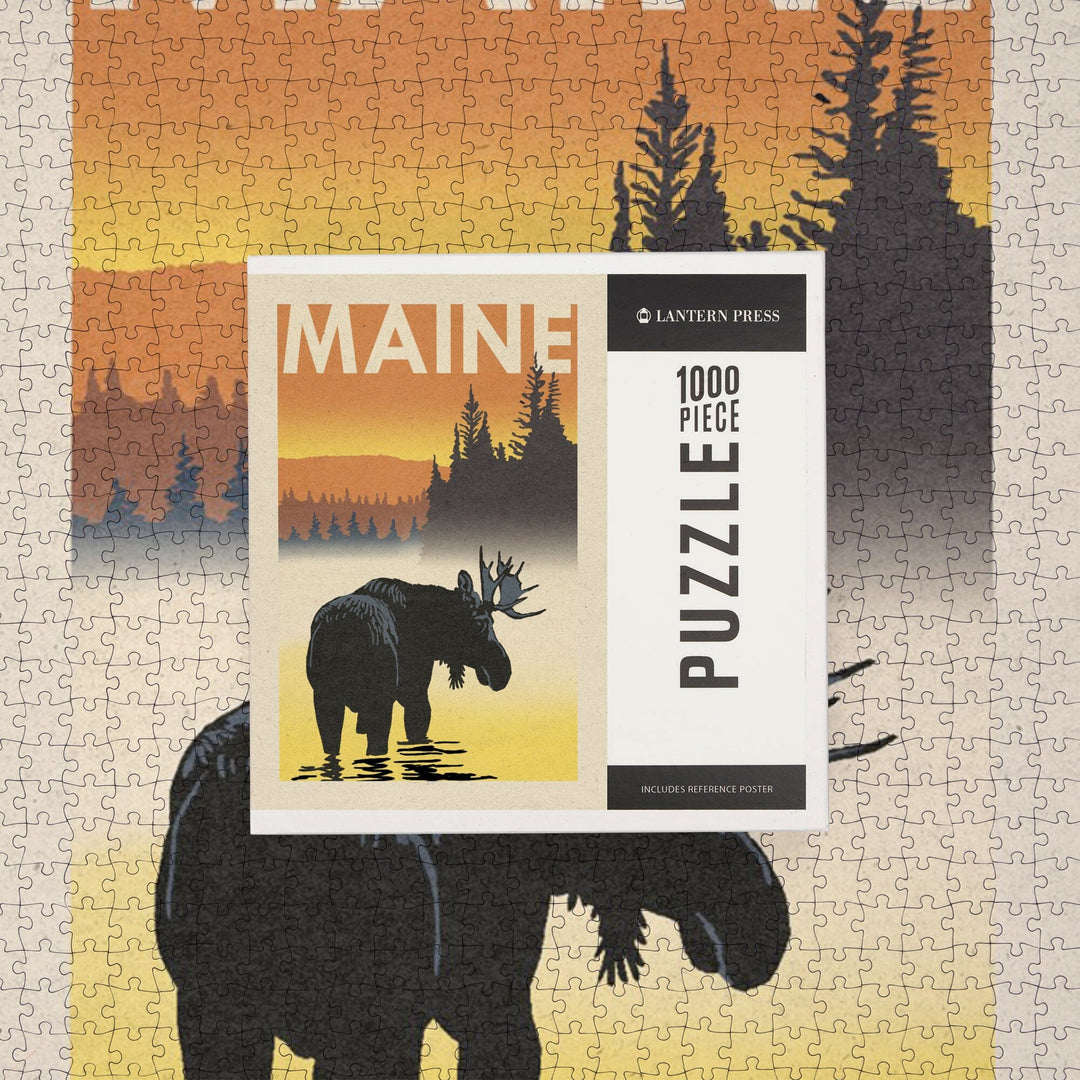 Maine, Moose at Dawn, Woodblock, Jigsaw Puzzle Puzzle Lantern Press 