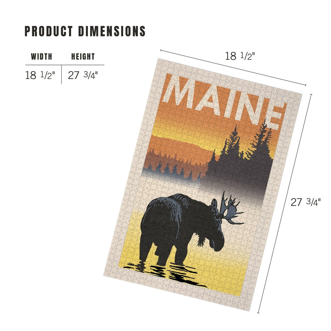 Maine, Moose at Dawn, Woodblock, Jigsaw Puzzle Puzzle Lantern Press 